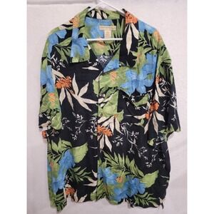 Island Passport Hawaiian Shirt Mens 2XL XXL Rayon Tropical Floral Blue Cream